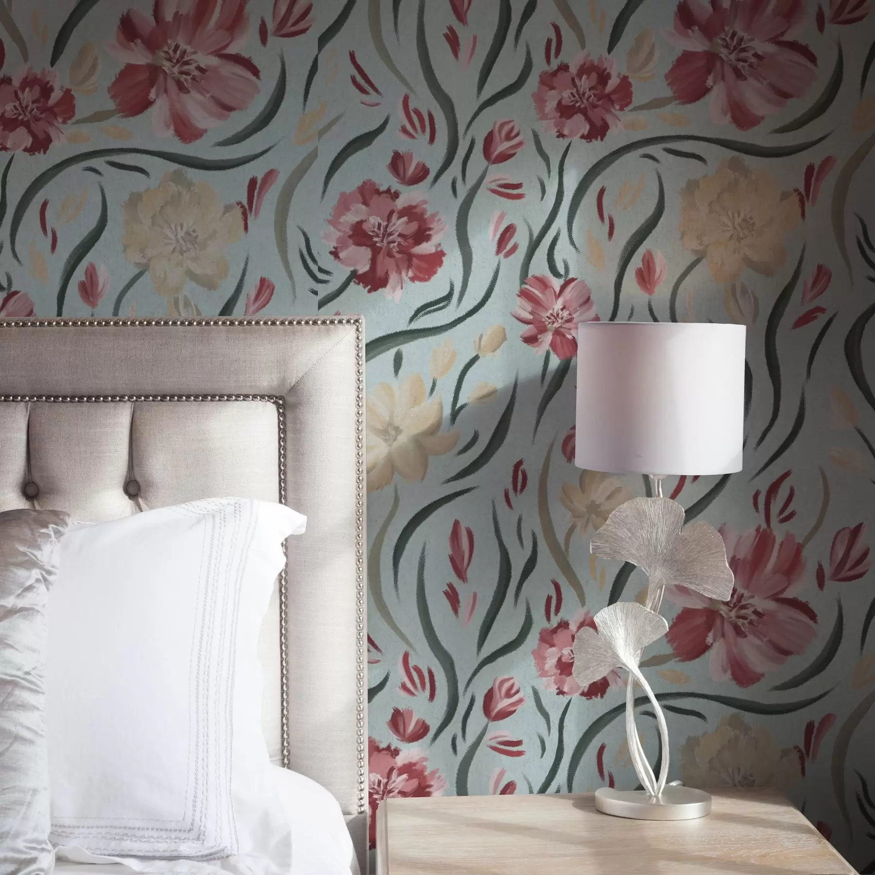 fototapeter Akvarellblomster på blå bakgrunn, rødt og beige mønster a00216