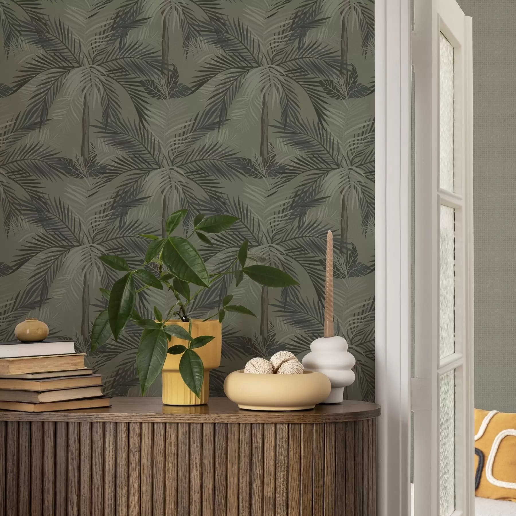 fototapeter Palmblader på olivenbakgrunn, jungel, tropene a00217