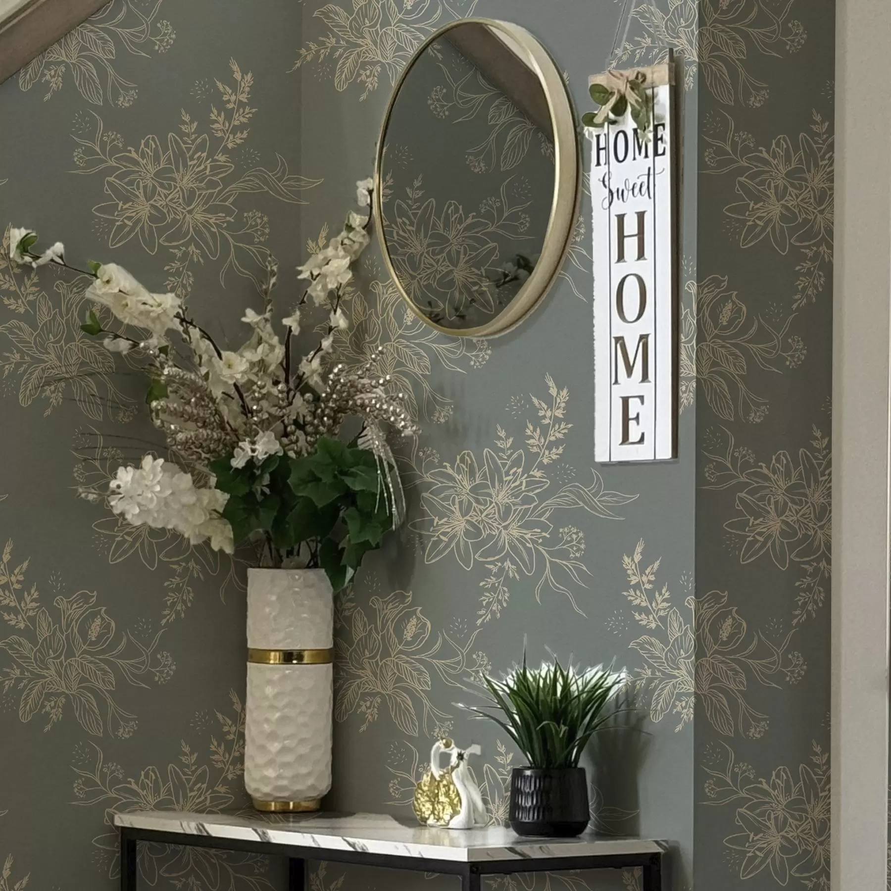 fototapeter Konturblomster på blågrå bakgrunn, elegant botanisk mønster a00226