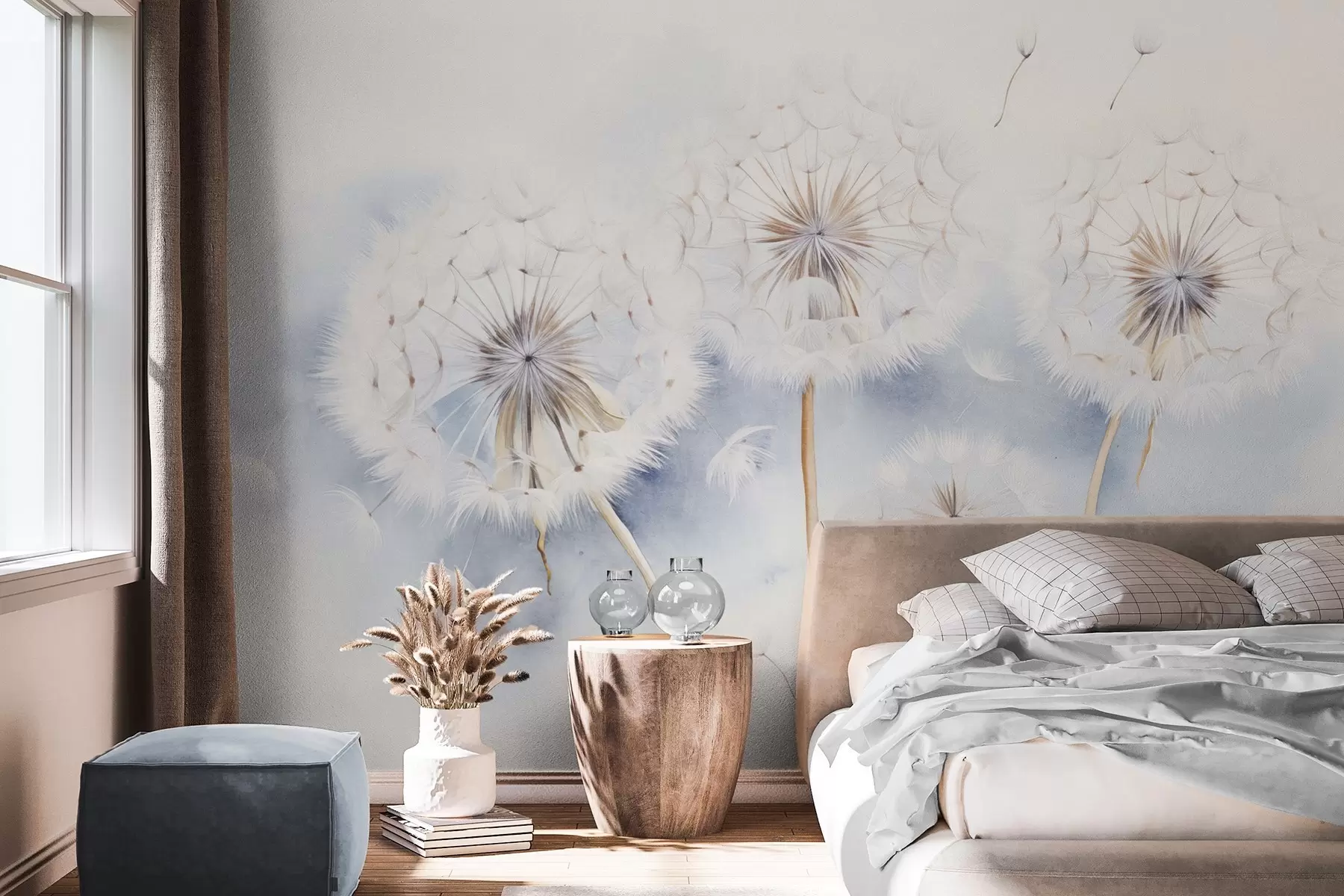 fototapeter Teksturerte løvetannblomster med frø som svever i luften, lyseblå og hvit bakgrunn, myk og delikat tegnestil w09190