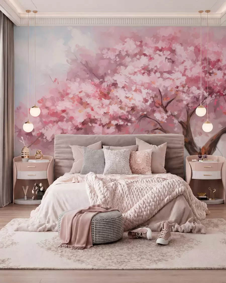 fototapeter Abstrakt rosa blomstertre i full blomst, ved siden av en elv, myke teksturerte penselstrøk og pastellfarger w09193