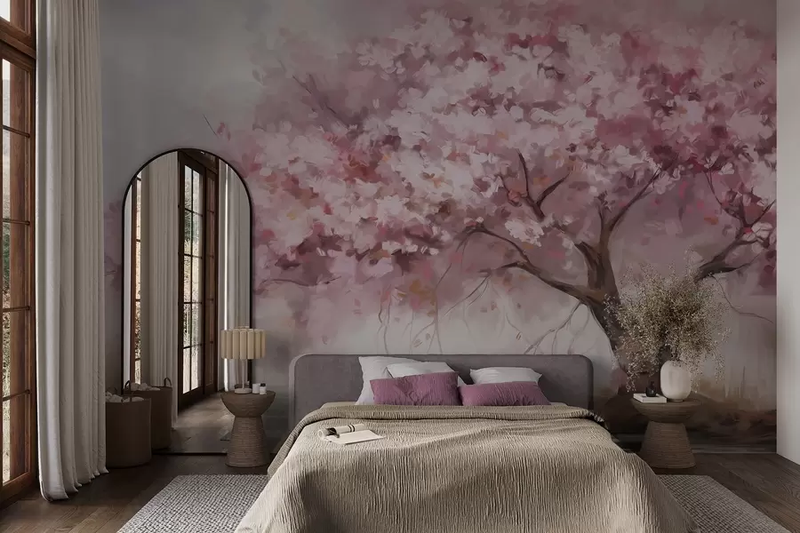 fototapeter Abstrakt rosa blomstertre i full blomst, ved siden av en elv, myke teksturerte penselstrøk og pastellfarger w09193