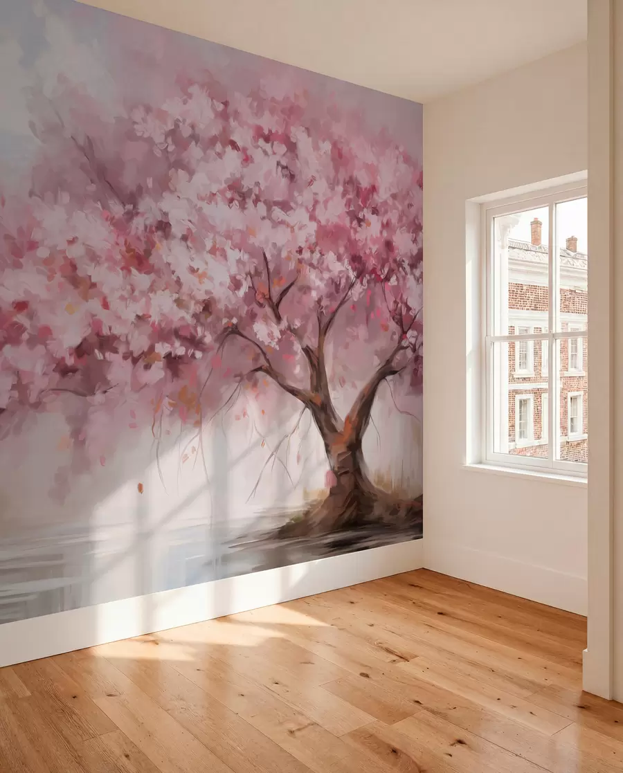 fototapeter Abstrakt rosa blomstertre i full blomst, ved siden av en elv, myke teksturerte penselstrøk og pastellfarger w09193