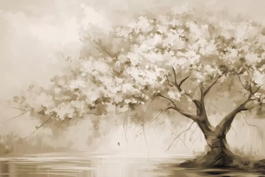 fototapeter Abstrakt beige blomstertre i full blomst, ved siden av en elv, myke teksturerte penselstrøk og pastellfarger w09193v1