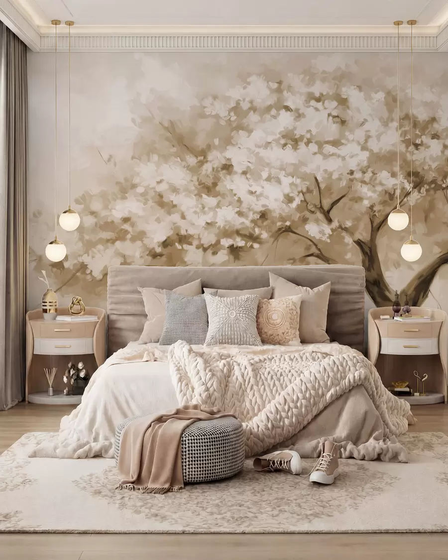 fototapeter Abstrakt beige blomstertre i full blomst, ved siden av en elv, myke teksturerte penselstrøk og pastellfarger w09193v1