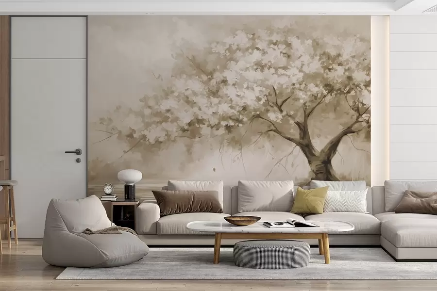 fototapeter Abstrakt beige blomstertre i full blomst, ved siden av en elv, myke teksturerte penselstrøk og pastellfarger w09193v1
