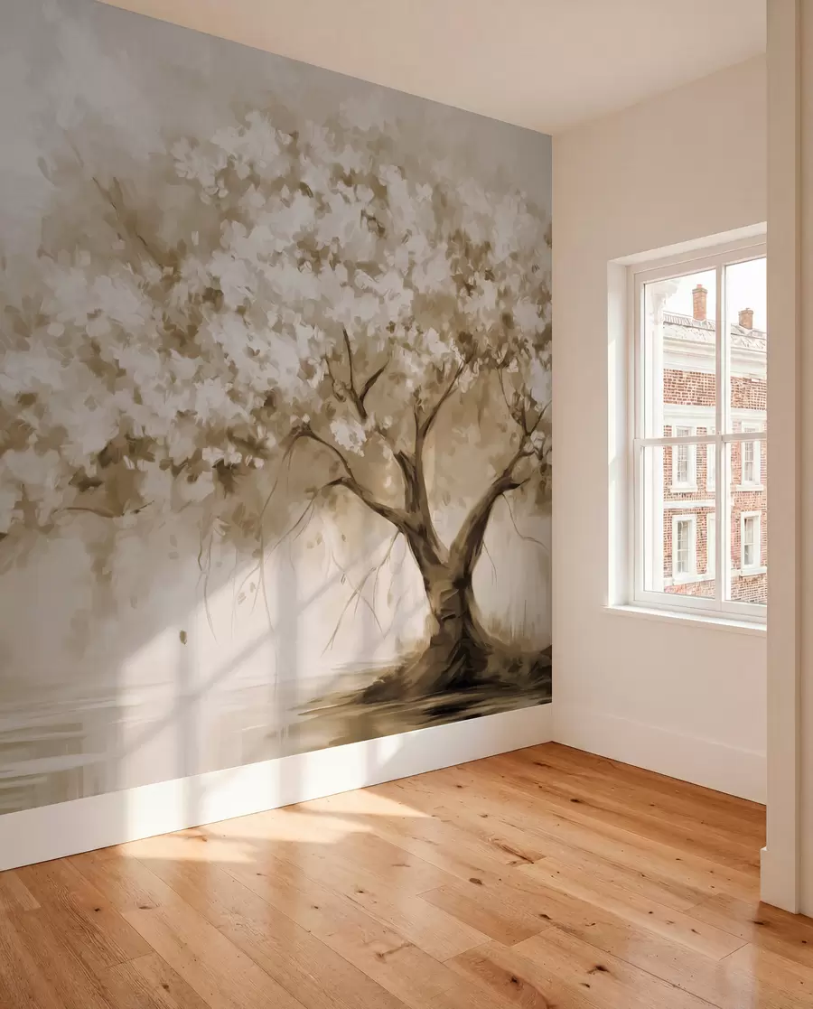 fototapeter Abstrakt beige blomstertre i full blomst, ved siden av en elv, myke teksturerte penselstrøk og pastellfarger w09193v1
