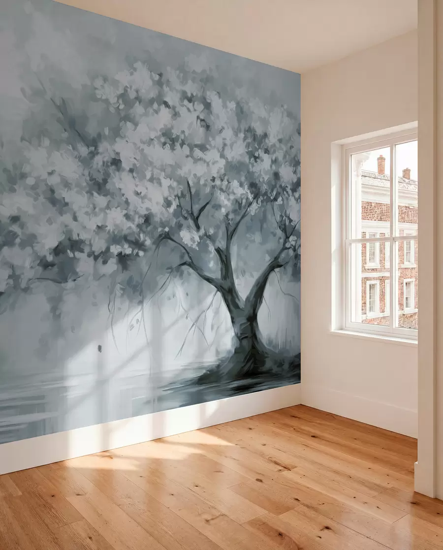 fototapeter Abstrakt, dempet blått blomstertre i full blomst, ved siden av en elv, myke teksturerte penselstrøk og pastellfarger w09193v2