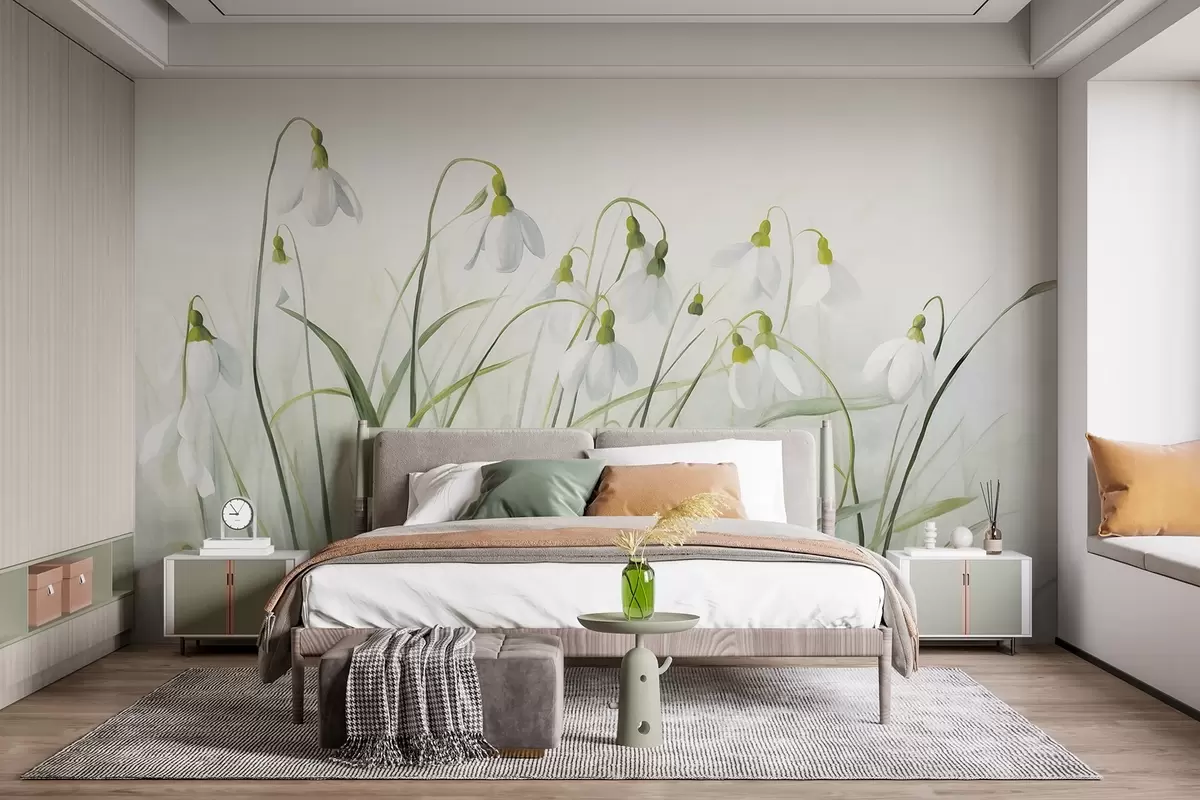 fototapeter Snøklokkeblomster med grønne teksturerte stilker og blader, akvarell vårstil, delikate penselstrøk w09195