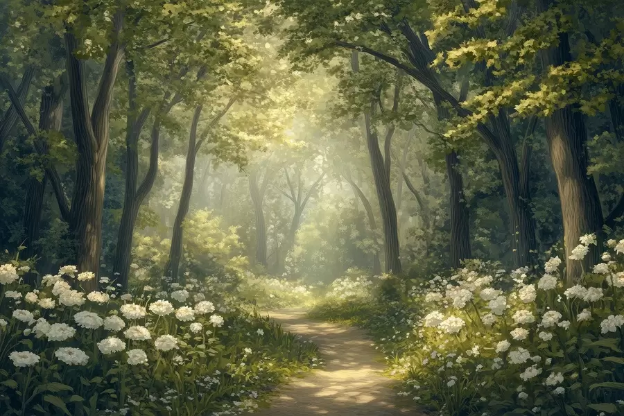 fototapeter Sti i den grønne skogen, hvite blomster, sollys, tegning i akrylstil w04119