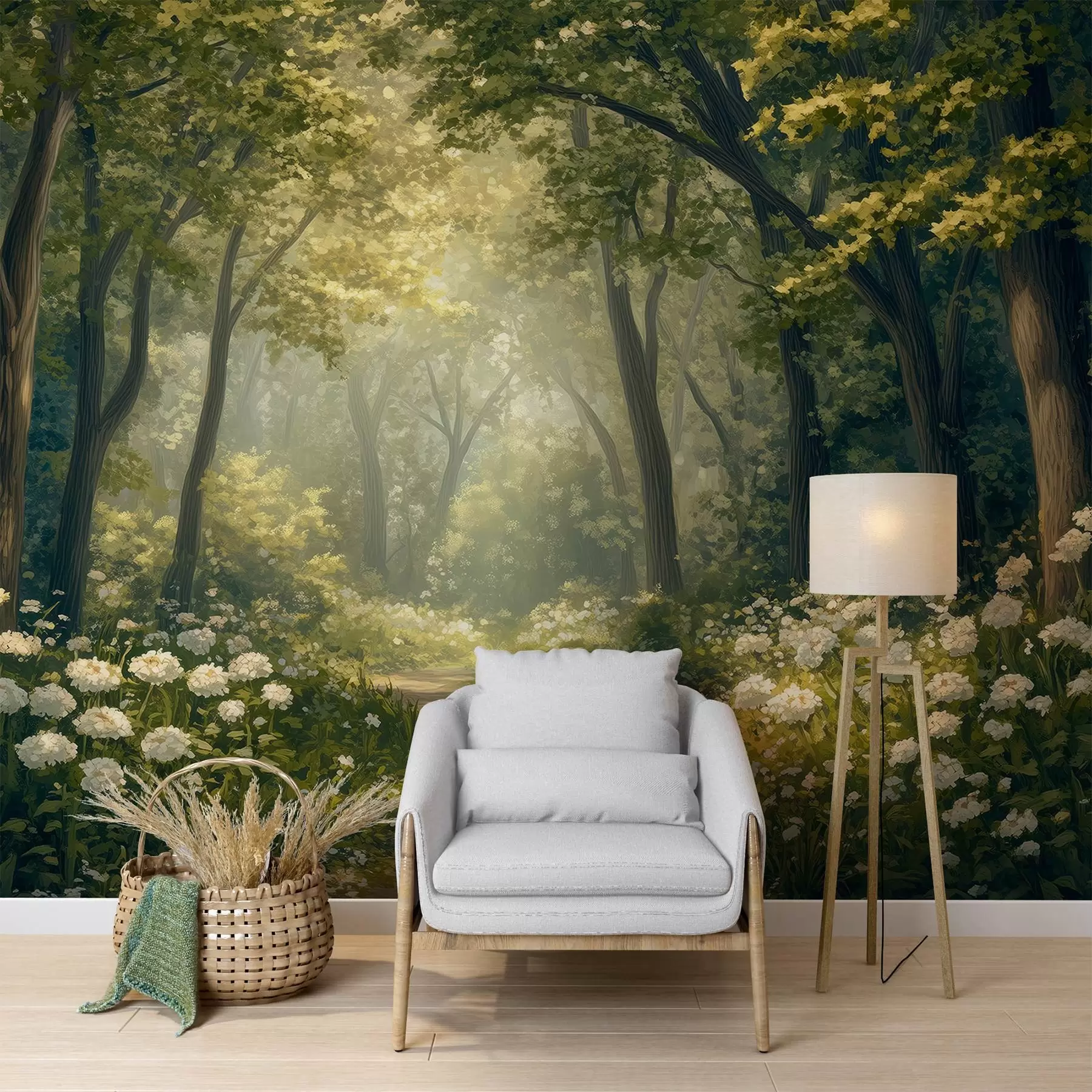 fototapeter Sti i den grønne skogen, hvite blomster, sollys, tegning i akrylstil w04119