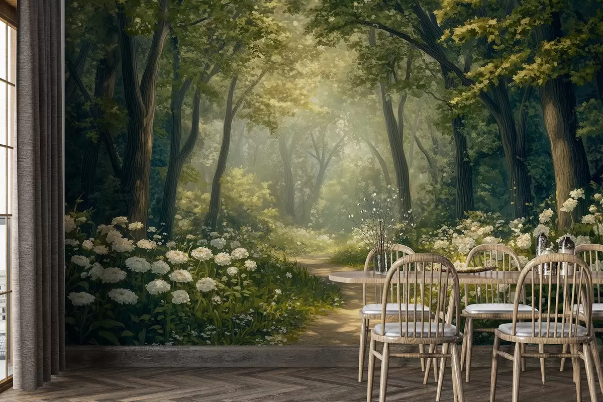 fototapeter Sti i den grønne skogen, hvite blomster, sollys, tegning i akrylstil w04119