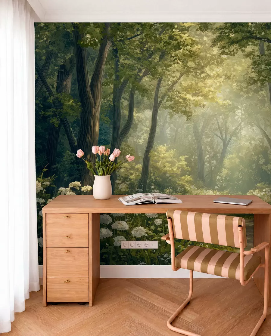 fototapeter Sti i den grønne skogen, hvite blomster, sollys, tegning i akrylstil w04119