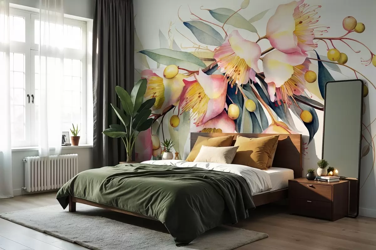 fototapeter Eukalyptusblomster med grønne blader, akvarellstil, myk og strukturert, lys bakgrunn, botanisk blomsterdesign w09202