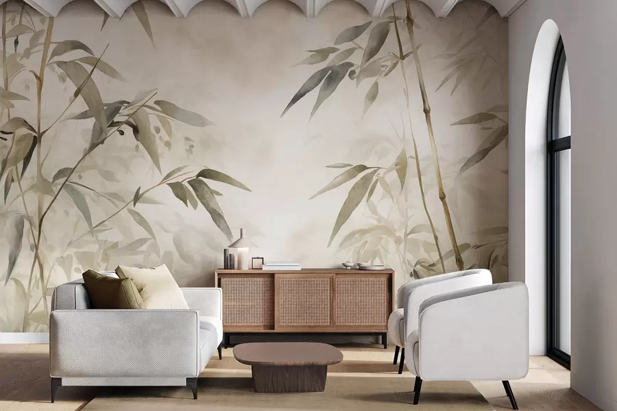 fototapeter Bambusstrukturerte grener med blader i akvarellstil, myk, nøytral fargepalett, lys beige bakgrunn w09204