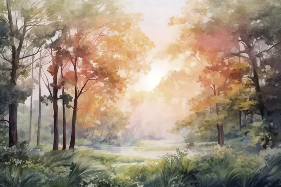 fototapeter Strukturert skoglandskap, trær med oransje og grønne blader, pastellfargepalett w09210v1