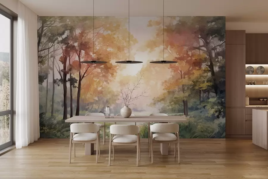 fototapeter Strukturert skoglandskap, trær med oransje og grønne blader, pastellfargepalett w09210v1