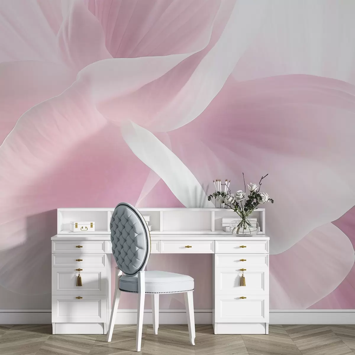 fototapeter Abstrakt, strukturert blomst med delikate kronblader, myk belysning, elegant komposisjon, minimalistisk estetikk w09211v1