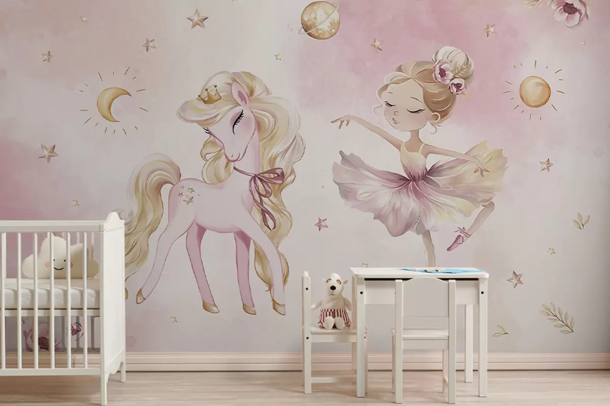 fototapeter Enhjørning og ballerina i et rosa eventyr, barnefortelling w04196