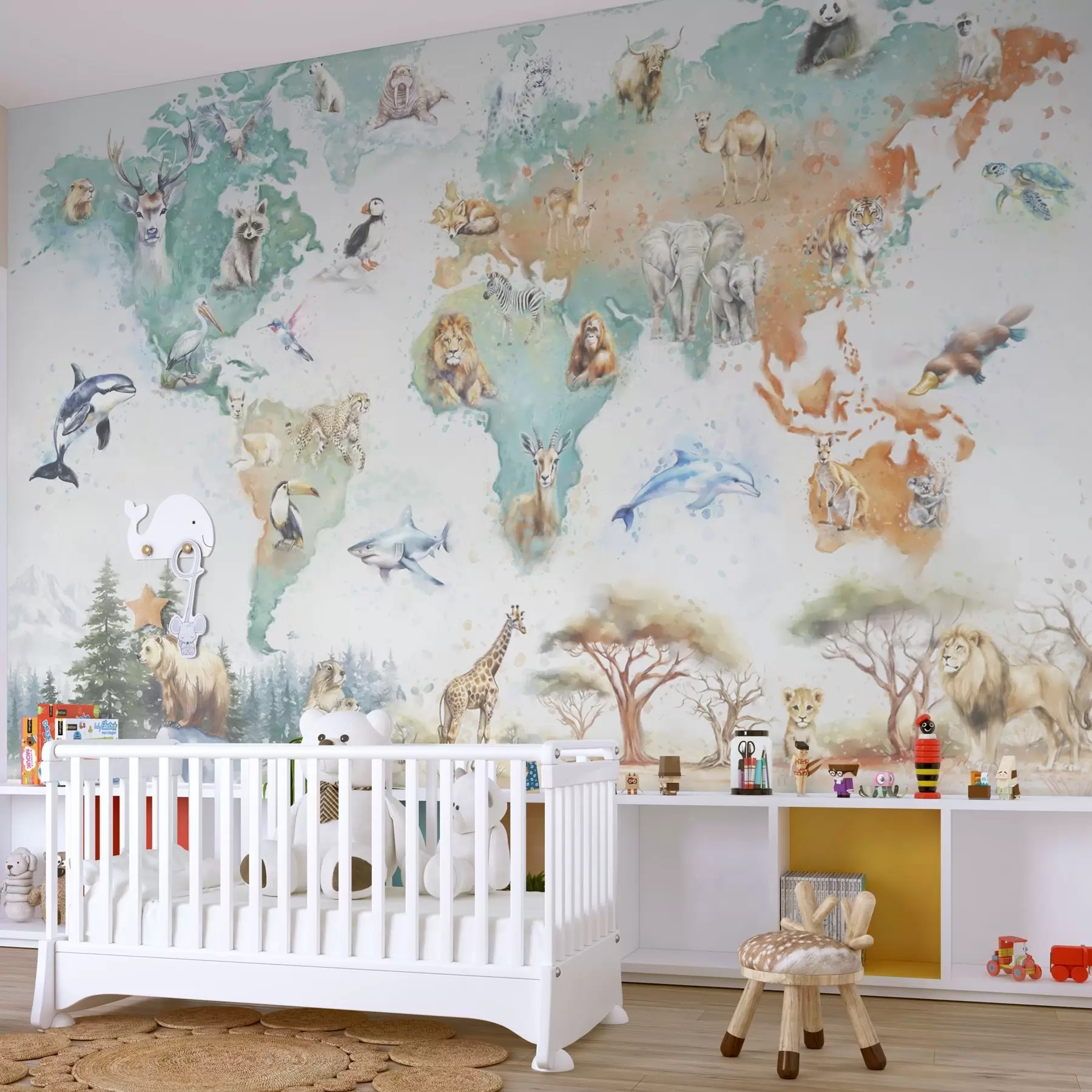 fototapeter Verdenskart med dyr, pedagogisk illustrasjonsstil for barn w04148