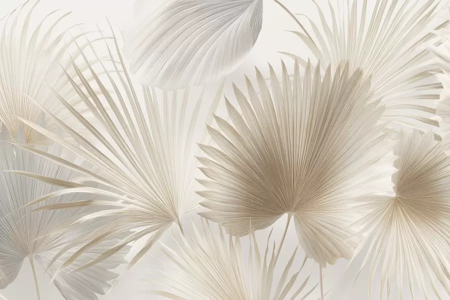 fototapeter Myke tropiske bladvifter i lys beige og blålige toner w09084
