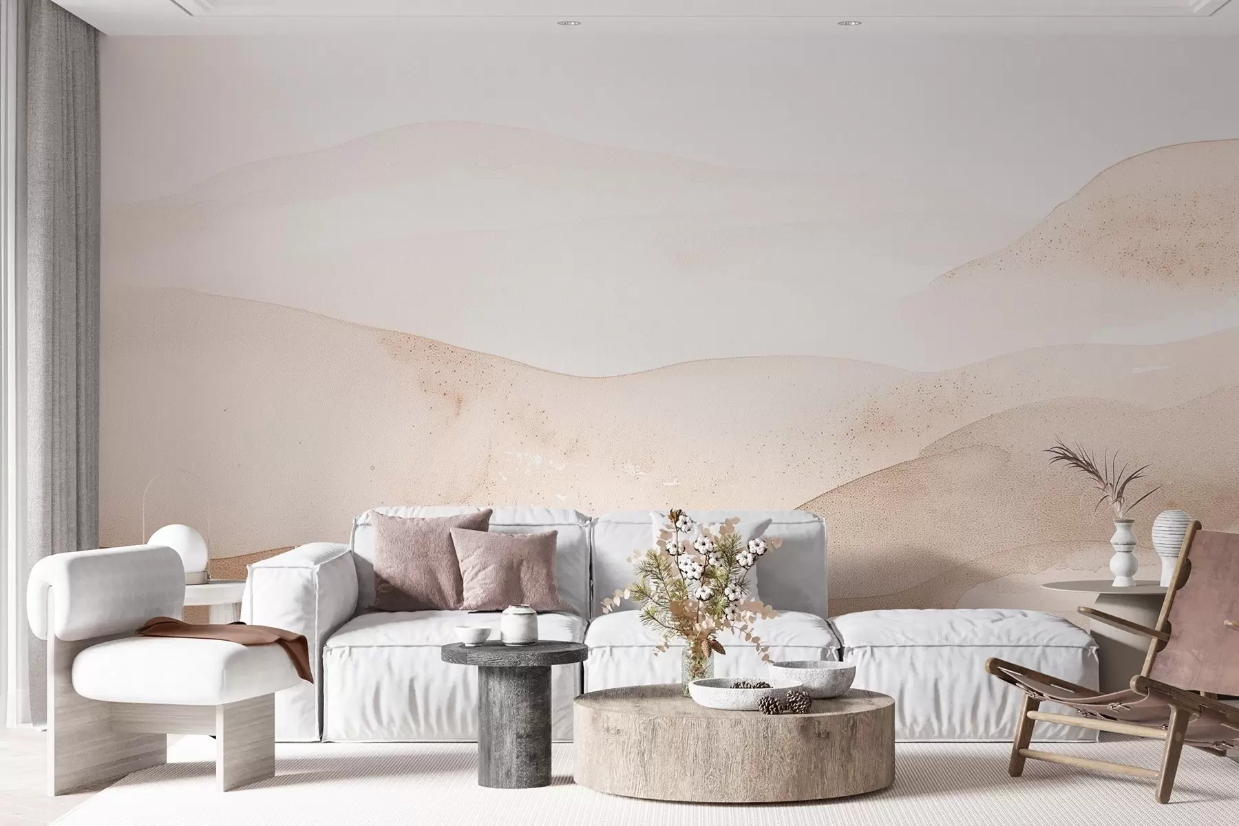 fototapeter Fjell i akvarellstil i lyse beige nyanser w09223