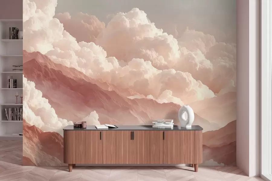 fototapeter Varm soloppgang over fjell med luftige skyer w09226