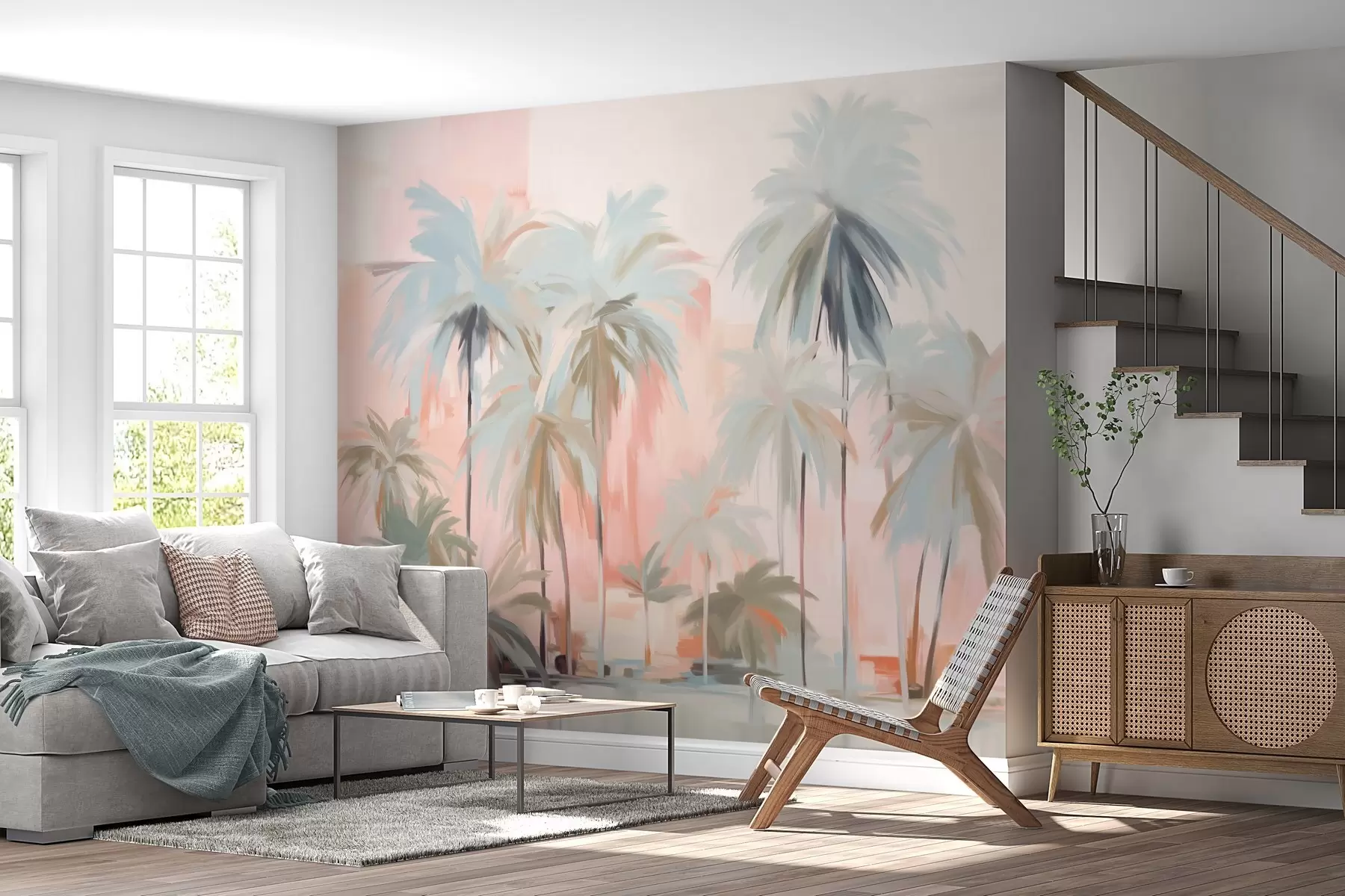 fototapeter Abstrakte, minimalistiske tropiske palmer i pastellfarger, mot en bakgrunn av myke rosa og ferskenfarger w09212