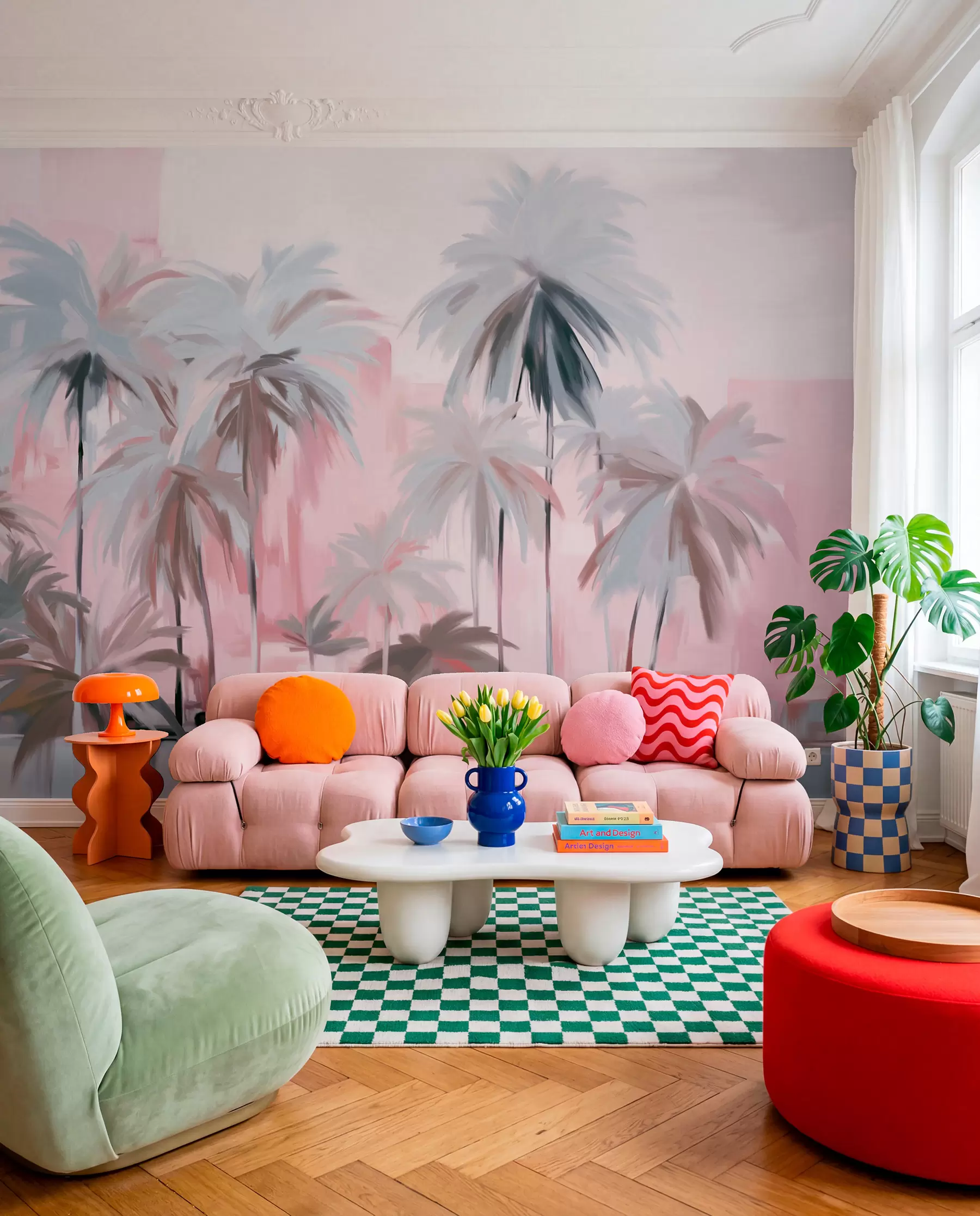 fototapeter Abstrakte, minimalistiske pastellfargede tropiske palmer mot en bakgrunn av dempede rosa og grå fargetoner w09212v1