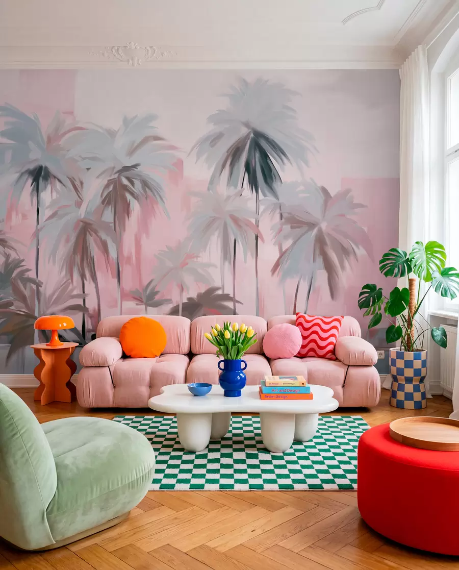 fototapeter Abstrakte, minimalistiske pastellfargede tropiske palmer mot en bakgrunn av dempede rosa og grå fargetoner w09212v1