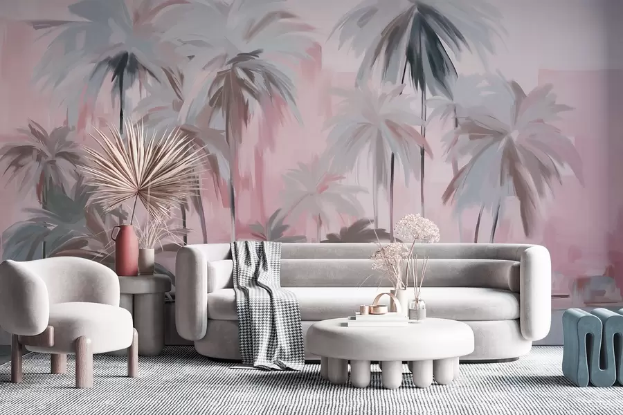 fototapeter Abstrakte, minimalistiske pastellfargede tropiske palmer mot en bakgrunn av dempede rosa og grå fargetoner w09212v1