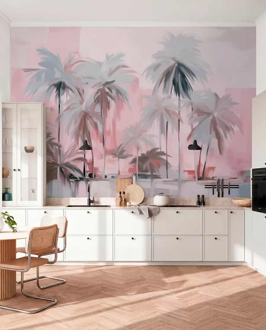 fototapeter Abstrakte, minimalistiske pastellfargede tropiske palmer mot en bakgrunn av dempede rosa og grå fargetoner w09212v1