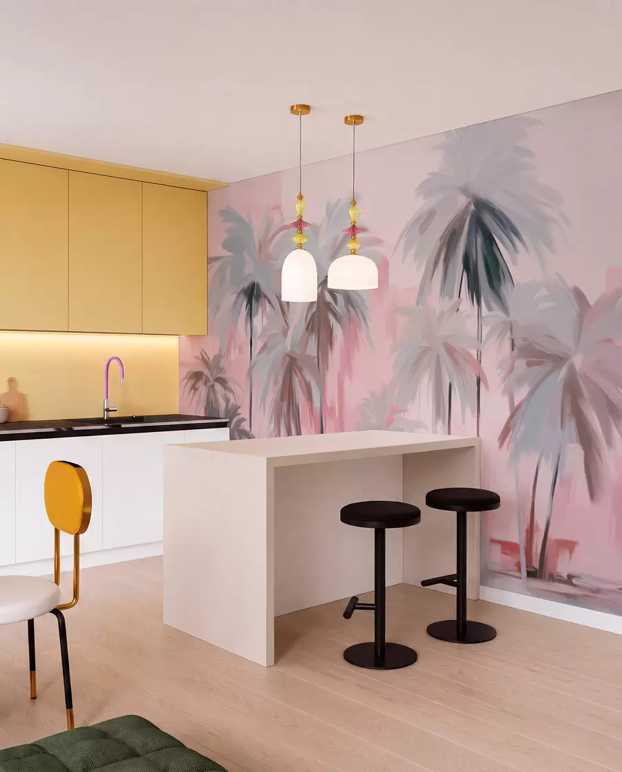 fototapeter Abstrakte, minimalistiske pastellfargede tropiske palmer mot en bakgrunn av dempede rosa og grå fargetoner w09212v1