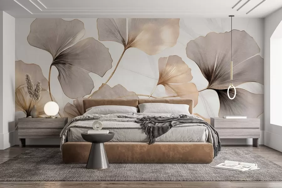 fototapeter Ginkgo biloba-blad i beige, gule og brune toner, delikat strukturert akvarelleffekt, lys bakgrunn w09215