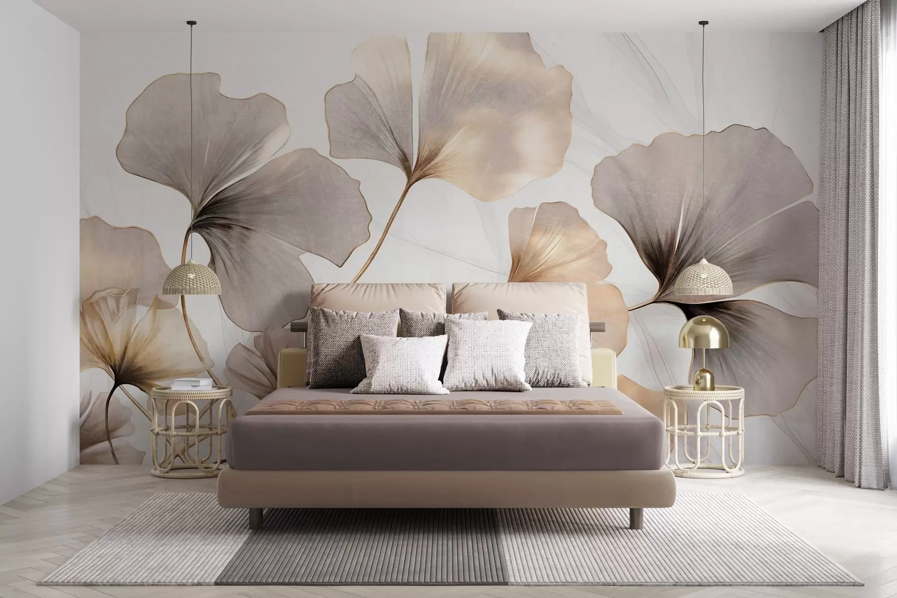 fototapeter Ginkgo biloba-blad i beige, gule og brune toner, delikat strukturert akvarelleffekt, lys bakgrunn w09215