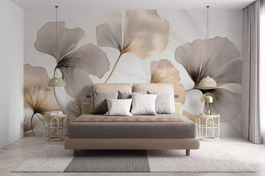 fototapeter Ginkgo biloba-blad i beige, gule og brune toner, delikat strukturert akvarelleffekt, lys bakgrunn w09215