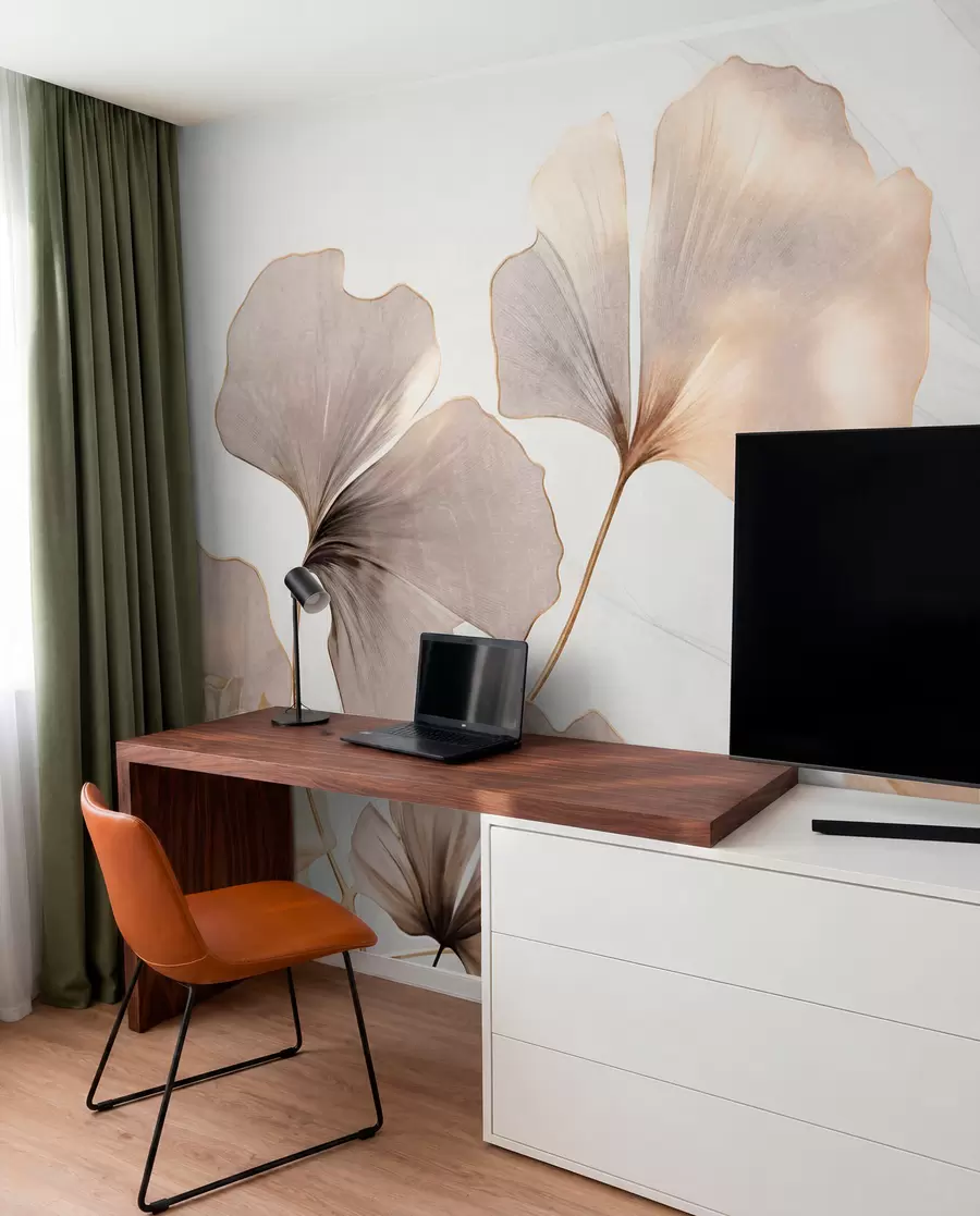 fototapeter Ginkgo biloba-blad i beige, gule og brune toner, delikat strukturert akvarelleffekt, lys bakgrunn w09215