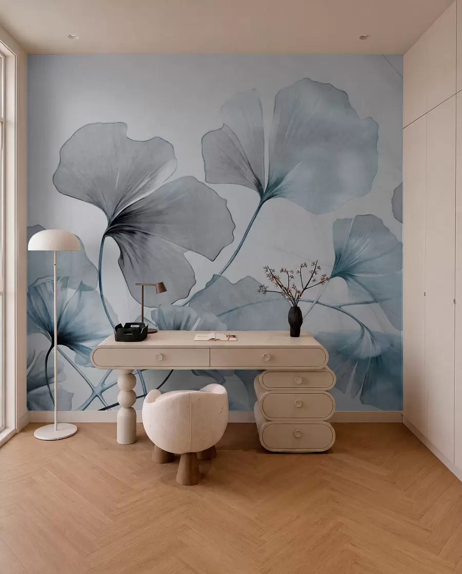 fototapeter Ginkgo biloba-blad i dempede blå og grå toner, delikat strukturert akvarelleffekt, lys bakgrunn w09215v1
