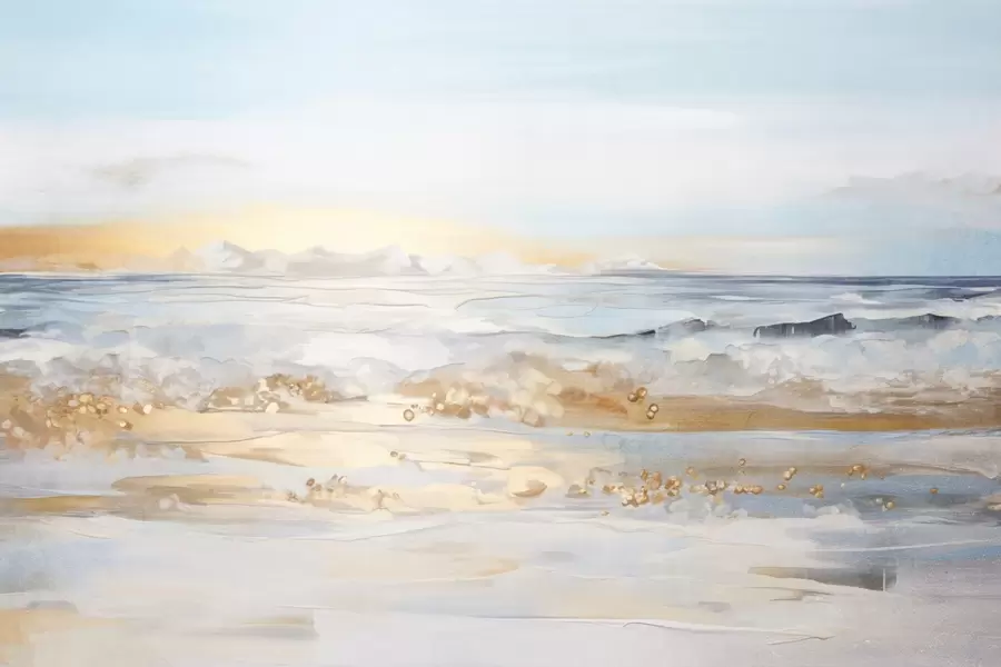 fototapeter Abstrakt teksturert landskap med havbølger som slår mot en sandstrand, myke pastellfarger, blå himmel med lette skyer w09234