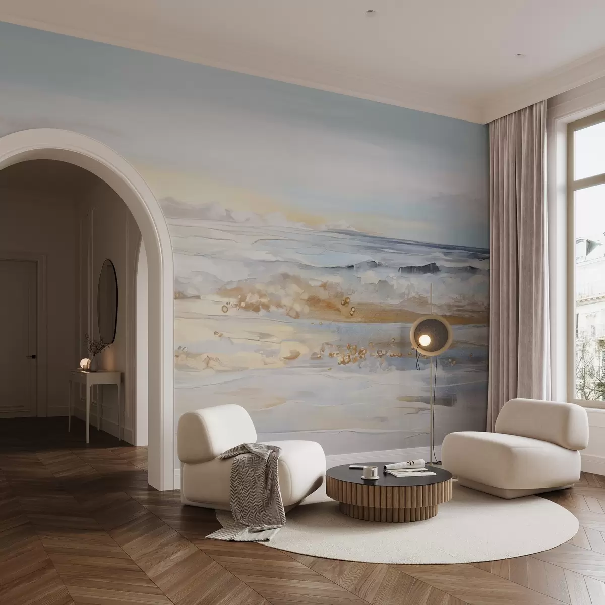 fototapeter Abstrakt teksturert landskap med havbølger som slår mot en sandstrand, myke pastellfarger, blå himmel med lette skyer w09234