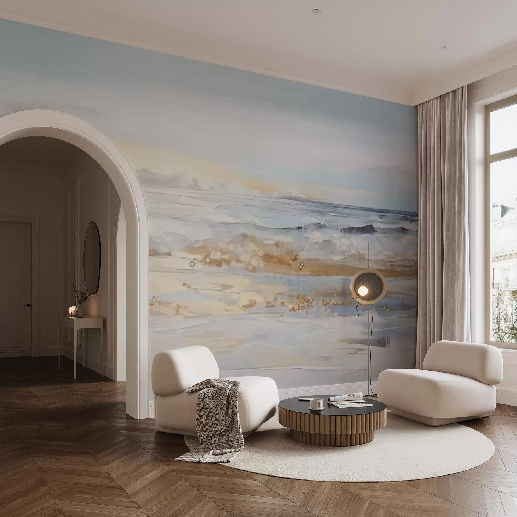 fototapeter Abstrakt teksturert landskap med havbølger som slår mot en sandstrand, myke pastellfarger, blå himmel med lette skyer w09234