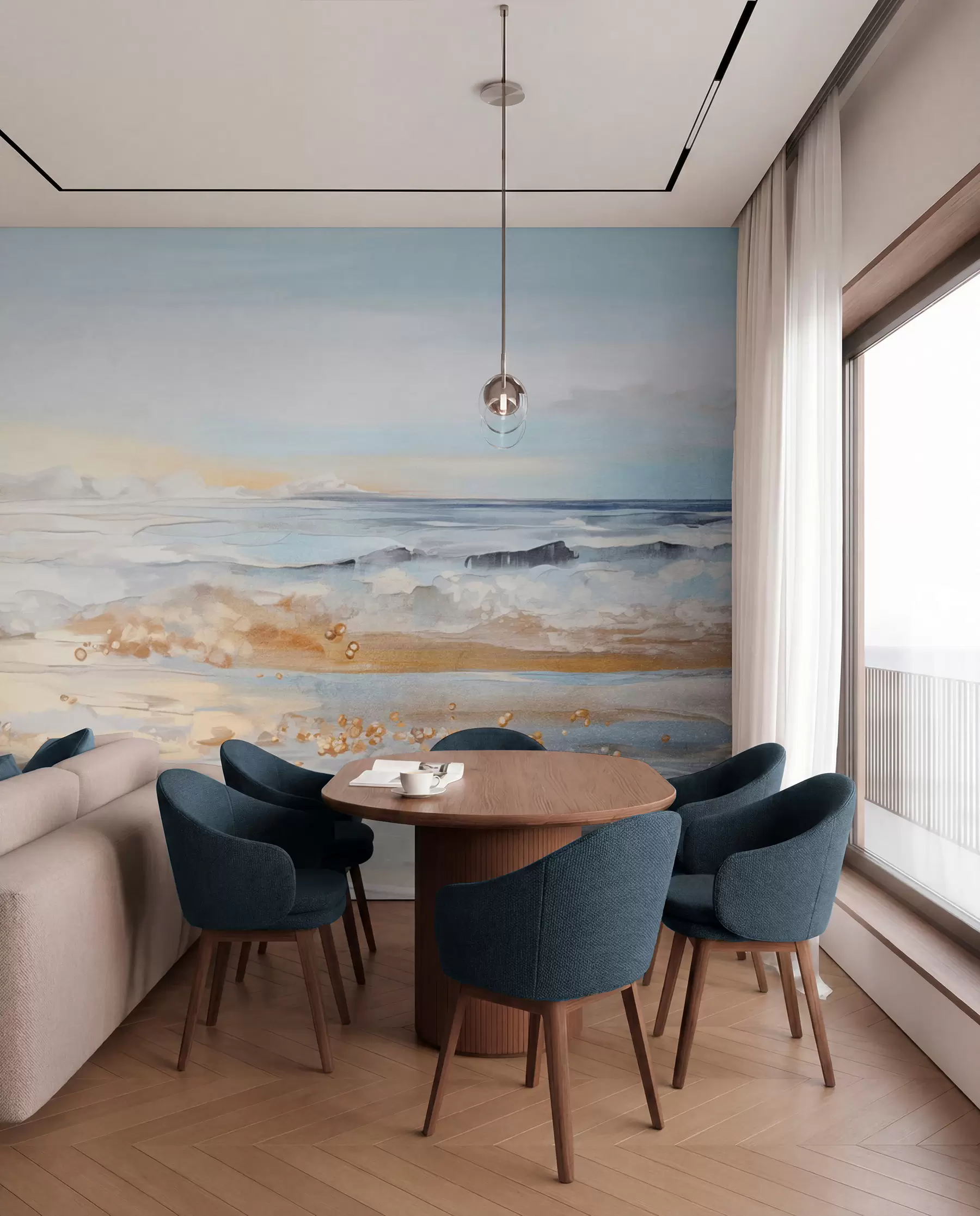 fototapeter Abstrakt teksturert landskap med havbølger som slår mot en sandstrand, myke pastellfarger, blå himmel med lette skyer w09234