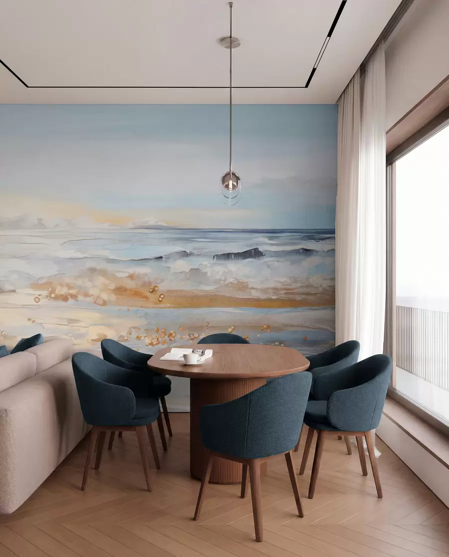 fototapeter Abstrakt teksturert landskap med havbølger som slår mot en sandstrand, myke pastellfarger, blå himmel med lette skyer w09234