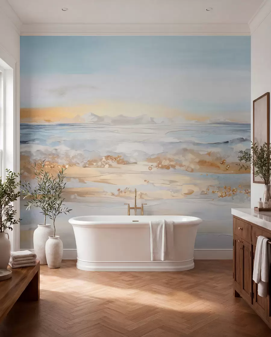fototapeter Abstrakt teksturert landskap med havbølger som slår mot en sandstrand, myke pastellfarger, blå himmel med lette skyer w09234