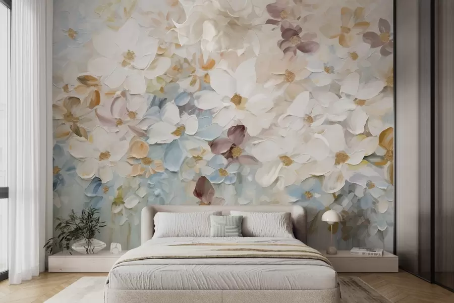 fototapeter Oljemaleri som imiterer en blomsterhage med hvite, blå og oransje blomster, myke penselstrøk, duse pastellfarger w09236v1