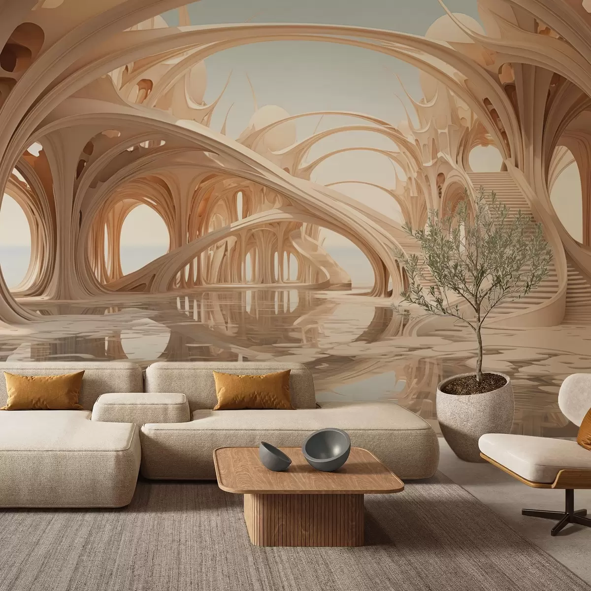 fototapeter Fantasifull arkitektur med buer over vannet w09241