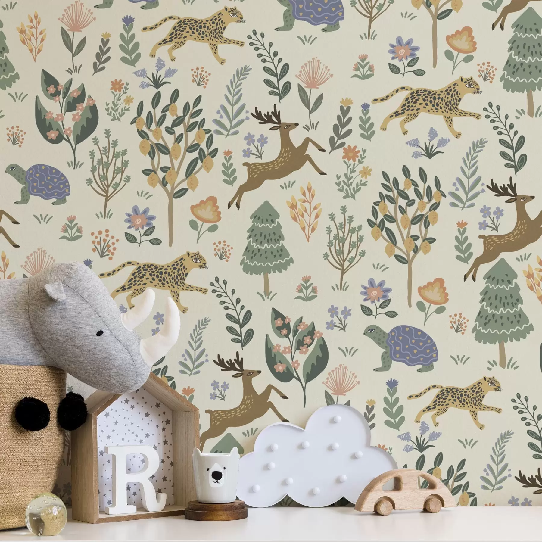 fototapeter Retroillustrasjon med leoparder, trær og hjort a00184