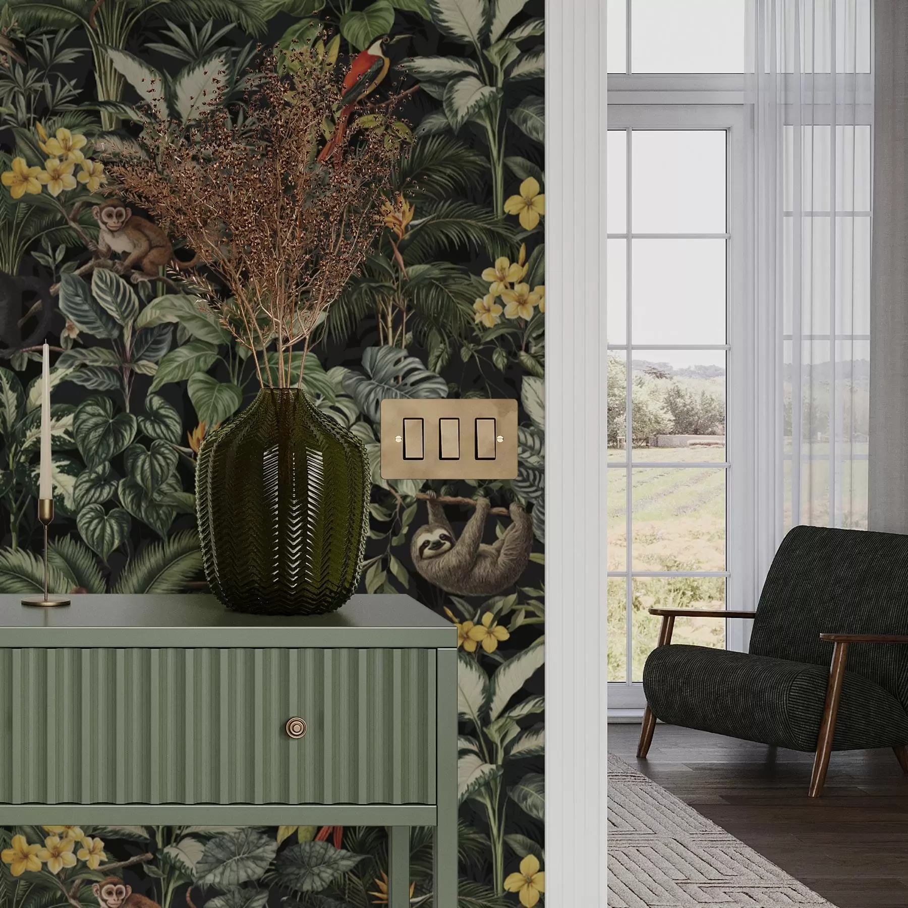 fototapeter Tropisk jungel med aper, fugler og tett løvverk a00191