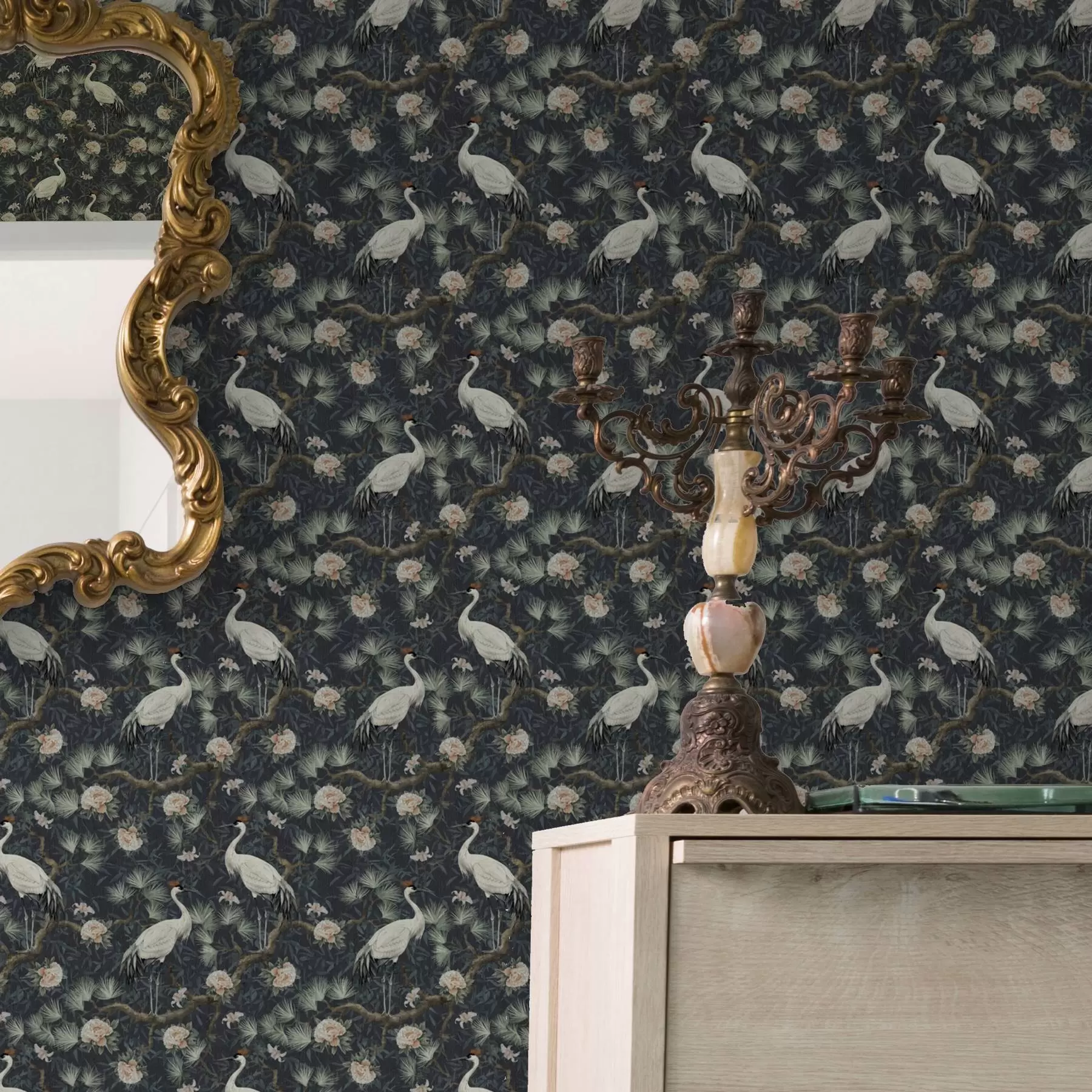 fototapeter Traner blant furutrær og pioner på en mørk bakgrunn a00241