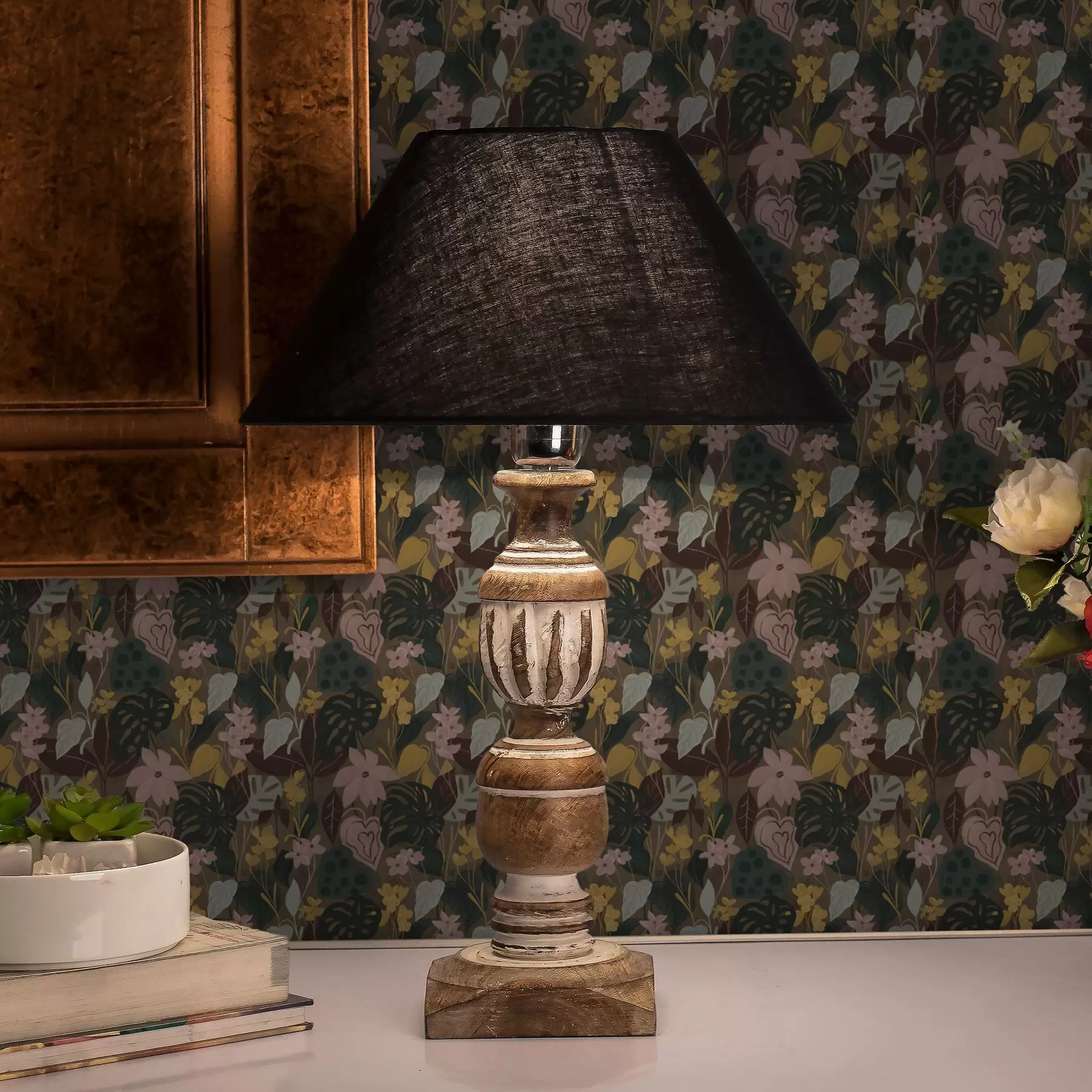 fototapeter Mørke tropiske blader og blomster i et tett maleri tett maleri a00244